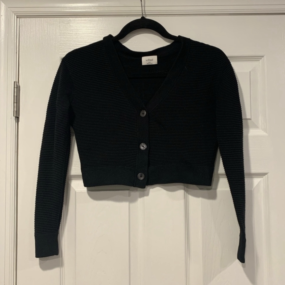 Aritzia Wilfred Linen Blend Ribbed Cropped Cardigan Sweater